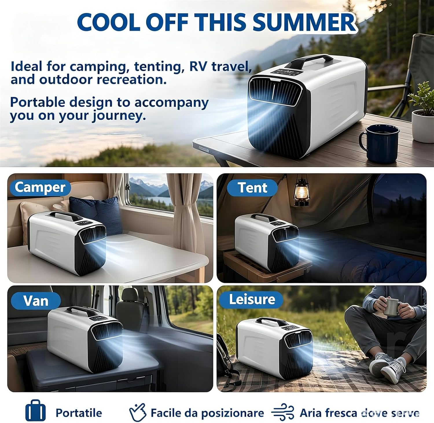  Climatiseur Portable Pour Tente 5200 Climatiseur Btu Pour Camping-Car, Refroidissement + Déshumidification + Ventilation + Mode Veille + Minuterie 24 H, Jusqu'à 10M², Conduit D'évacuation Inclus