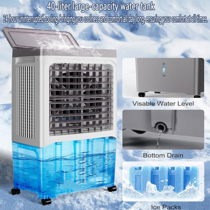  Climatiseur évaporatif Portable Avec Réservoir De 40 L, 2 Bacs à Glace, 3 Vitesses, Oscillation à 120°, Humidificateur Et Ventilateur Silencieux Pour L'intérieur Et L'extérieur.