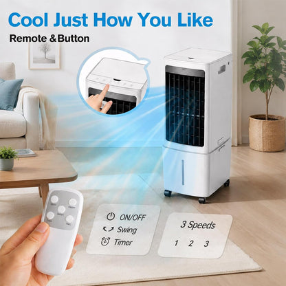  Refroidisseur D'air évaporatif Portable 12 L Avec Ventilateur, Réservoir D'eau Amovible, Télécommande, Roulettes Et Filtre à Poussière Lavable.