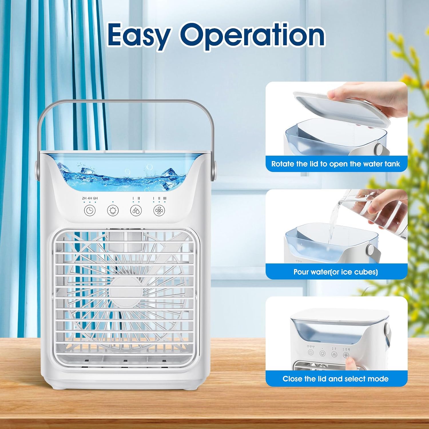 GENERIC Climatiseur Portable 3 En 1 Ventilateur, Refroidisseur Et Humidificateur Avec Réservoir D'eau à Remplissage Supérieur De 700 Ml, Veilleuse 7 Couleurs, Minuterie 2/4/6 Heures Et Fonctionnement Ultra