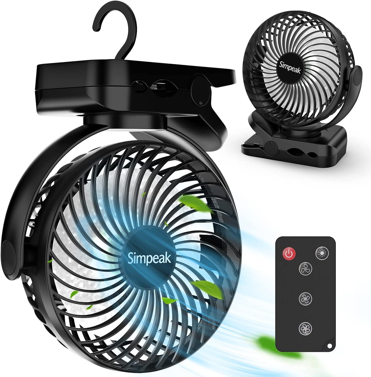  Simpeak 8000 MAh Ventilateur USB Avec Télécommande Mini Ventilateur Portable De Camping Ventilateur De Table Pince Avec 3 Vitesses| 3 Modes De Lumière LED| Rotation à 720°