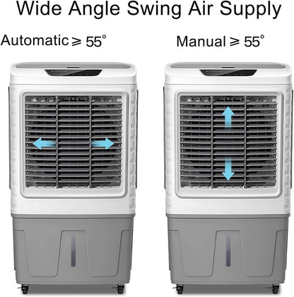 GENERIC Ventilateur De Refroidisseur D'air évaporatif, Refroidisseur De Marais 3 En 1 Avec Oscillation à 120 °, Réglages à 3 Vitesses, Grand Réservoir D'eau, Roues Pour La Mobilité, Idéal Pour Les Grands Espa