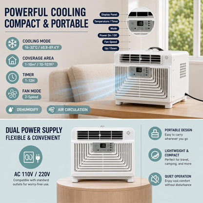  Mini Climatiseur Portable Prêt à L'Emploi, Idéal Pour Moustiquaires Et Chambres D'Étudiant, Ventilateur Et Déshumidificateur Silencieux, Minuterie Intelligente 12H Avec Écran Tactile