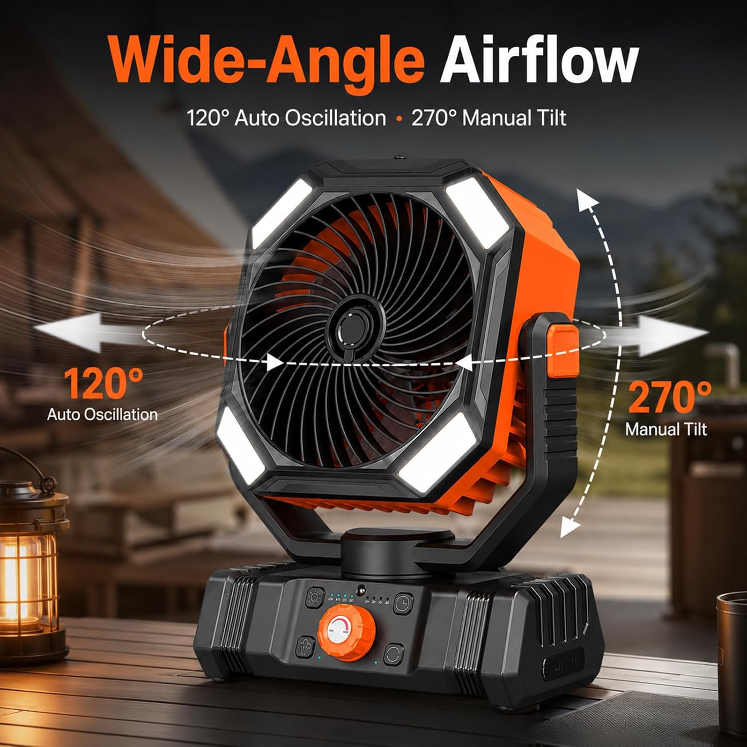  Ventilateur De Camping Rechargeable 10000mAh Avec Lanterne LED, Ventilateur Brumisateur Portable Avec Oscillation Auto Pour Tente, Accessoire Camping Avec Télécommande, ABS, Orange