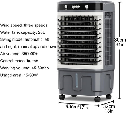  Refroidisseur D'air évaporatif Commercial 3 En 1 Avec Oscillation à 120°, 3 Vitesses De Ventilation, Réservoir D'eau Grande Capacité, Roues Pivotantes, Pour Grandes Pièces, Usine, Extérieur (80 X 43