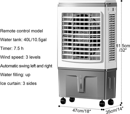  Climatiseur Portable à évaporation Avec Réservoir D'eau De 40 L/10,5 Gal, Télécommande, Minuterie De 7,5 H, 3 Vitesses, Pour Chambre, Terrasse Et Garage.