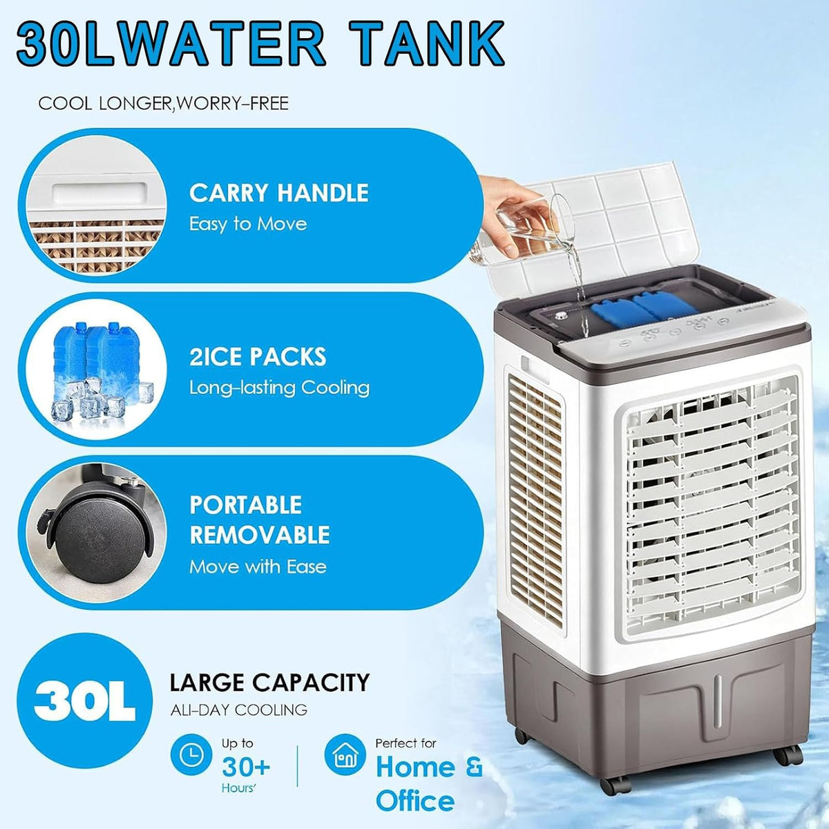  Climatiseur Mobile Sans Évacuation 30LClimatiseur Mobile Silencieux Avec 3 Vitesses 3 Modes 35dB Réservoir D'eau Amovible Télécommande Ventilateur Refroidisseur D'air Climatisation Pour Chambre