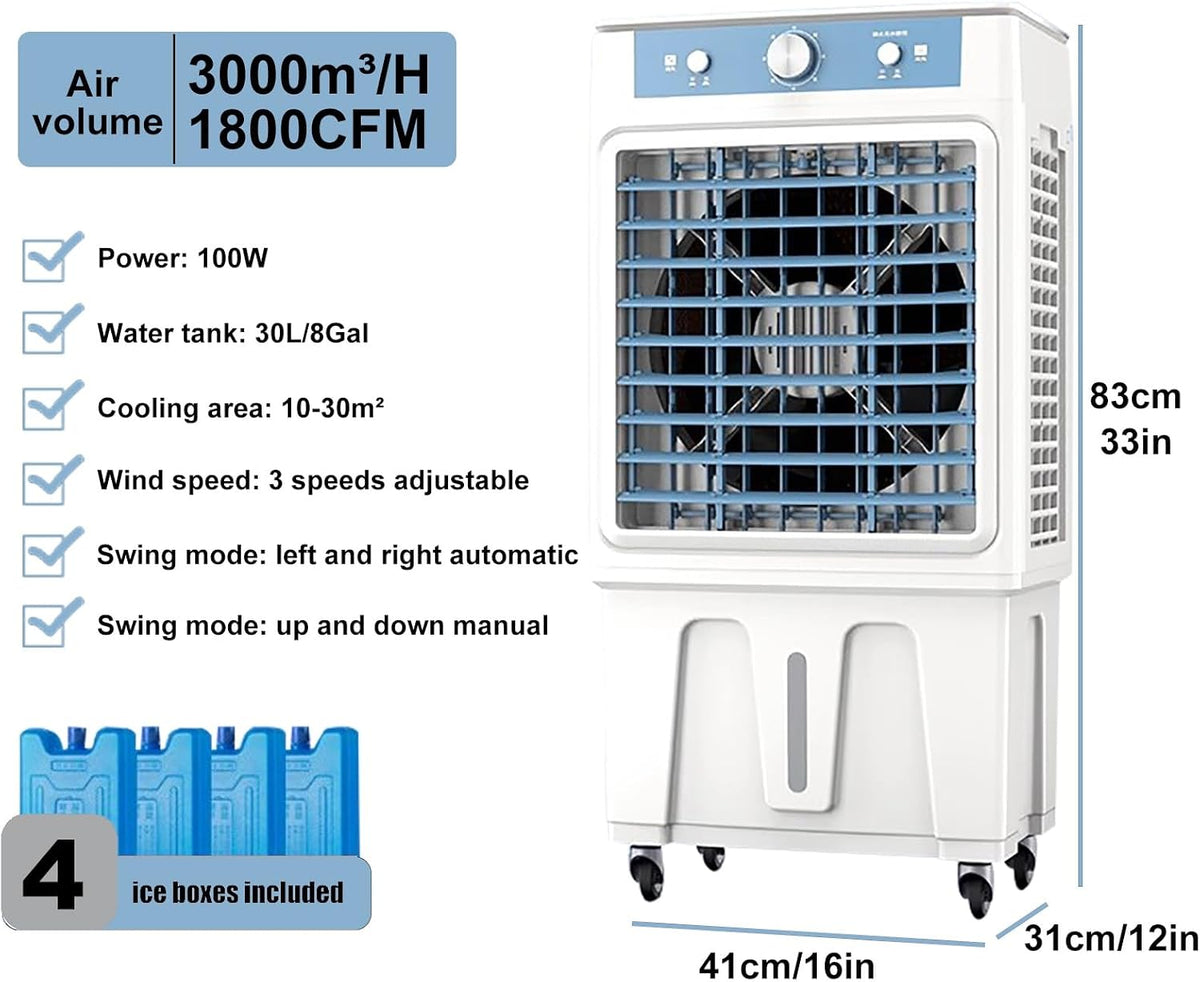  Refroidisseur D’air Évaporatif Portable Pour Chambre, Refroidissement Swamp Avec Réservoir D’Eau 20–40L, 3 Vitesses, Oscillation 120°, Pour Maison Et Bureau