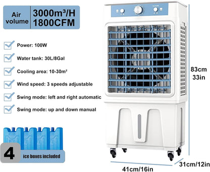  Refroidisseur D’air Évaporatif Portable Pour Chambre, Refroidissement Swamp Avec Réservoir D’Eau 20–40L, 3 Vitesses, Oscillation 120°, Pour Maison Et Bureau