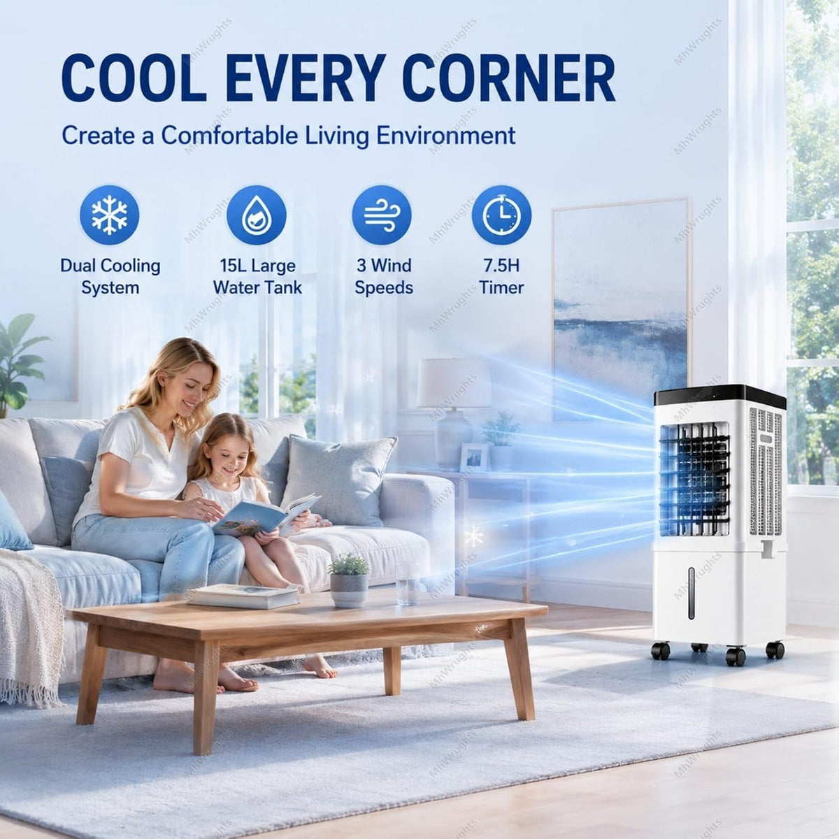  Ventilateur Climatiseur Portable 15L, Rafraîchisseur D'air Par évaporation Sans Fenêtre, 3 Vitesses Et Minuterie 7,5 H Pour Appartement, Chambre Ou Bureau RemoteControl