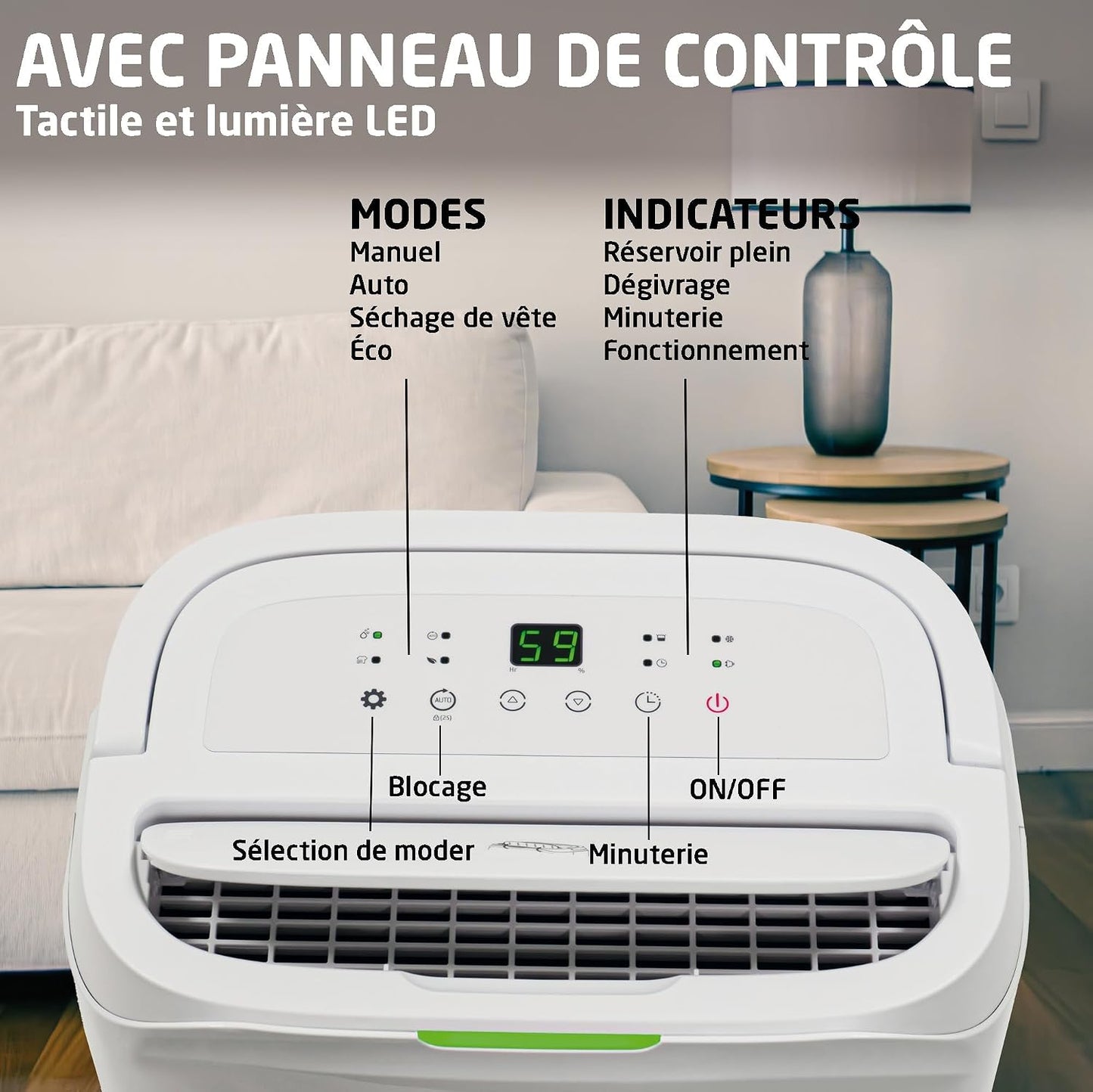  Amig – Déshumidificateur MIST - Capacité 25L/Jour - Régulation De L'humidité Et Minuterie - Réservoir D'eau Amovible 5,5L - 36x28x56 Cm - 370W - Couverture 170m³/h - Silencieux 46 DB - Séchage Linge