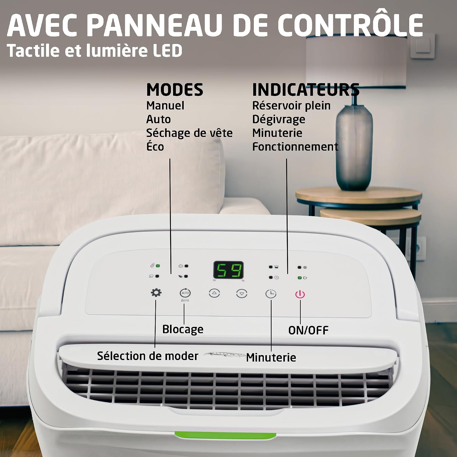  Amig – Déshumidificateur MIST - Capacité 25L/Jour - Régulation De L'humidité Et Minuterie - Réservoir D'eau Amovible 5,5L - 36x28x56 Cm - 370W - Couverture 170m³/h - Silencieux 46 DB - Séchage Linge