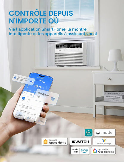  Midea MAW14S1VWT-A Climatiseur De Fenêtre Smart Inverter 14 K 14 000 BTU Avec Application, Contrôle Alexa, Refroidissement Jusqu'à 700 M², Fonctionnement Silencieux, économie D'énergie