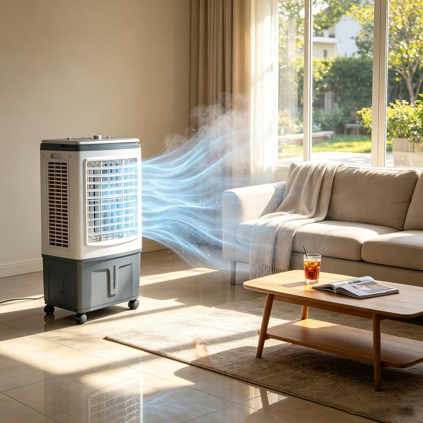 GENERIC Ventilateur Refroidisseur D'air Par évaporation Portable, Réservoir D'eau 30 L, Rideau Triple Face 1758 CFM, Oscillation 120°, 3 Vitesses, Sans Tuyau, 100 W, For Maison, Bureau, Terrasse