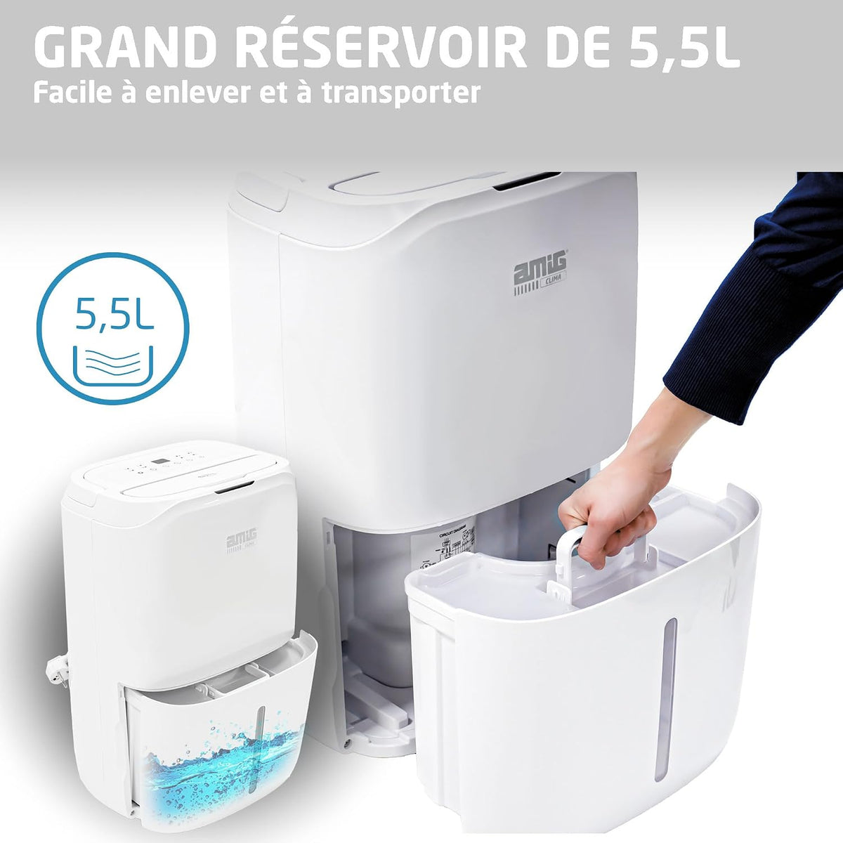  Amig – Déshumidificateur MIST - Capacité 20L/Jour - Régulation De L'humidité Et Minuterie - Réservoir D'eau Amovible 5,5L - 36x28x56 Cm - 270W - Couverture 160m³/h - Silencieux 42 DB - Séchage Linge