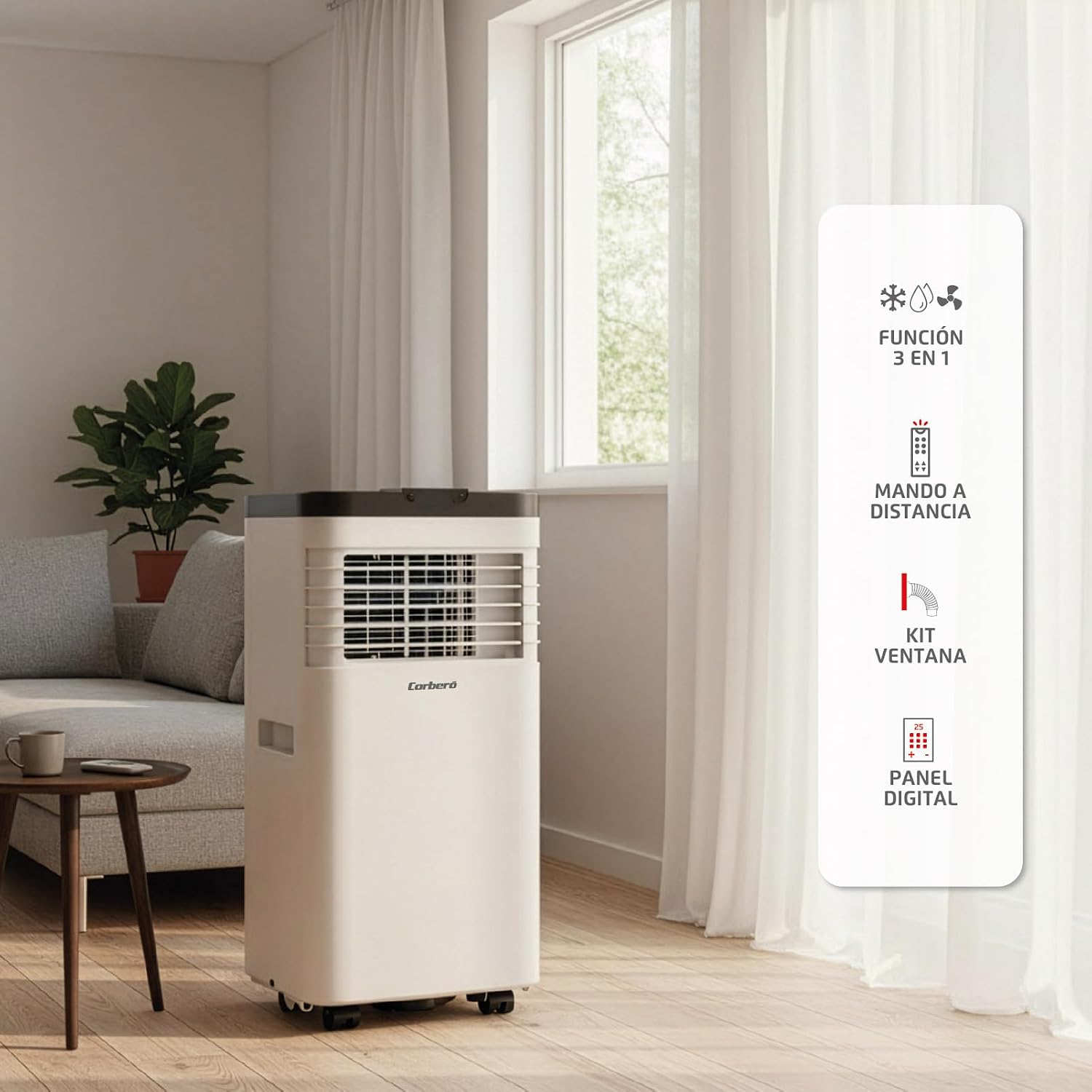  Corberó CPC07 Climatiseur 3 En 1 Avec Télécommande, 2000 W, 10-16 M², 16-31 °C, Refroidissement, Chauffage, Déshumidification, 2 Vitesses, Minuterie 24 Heures