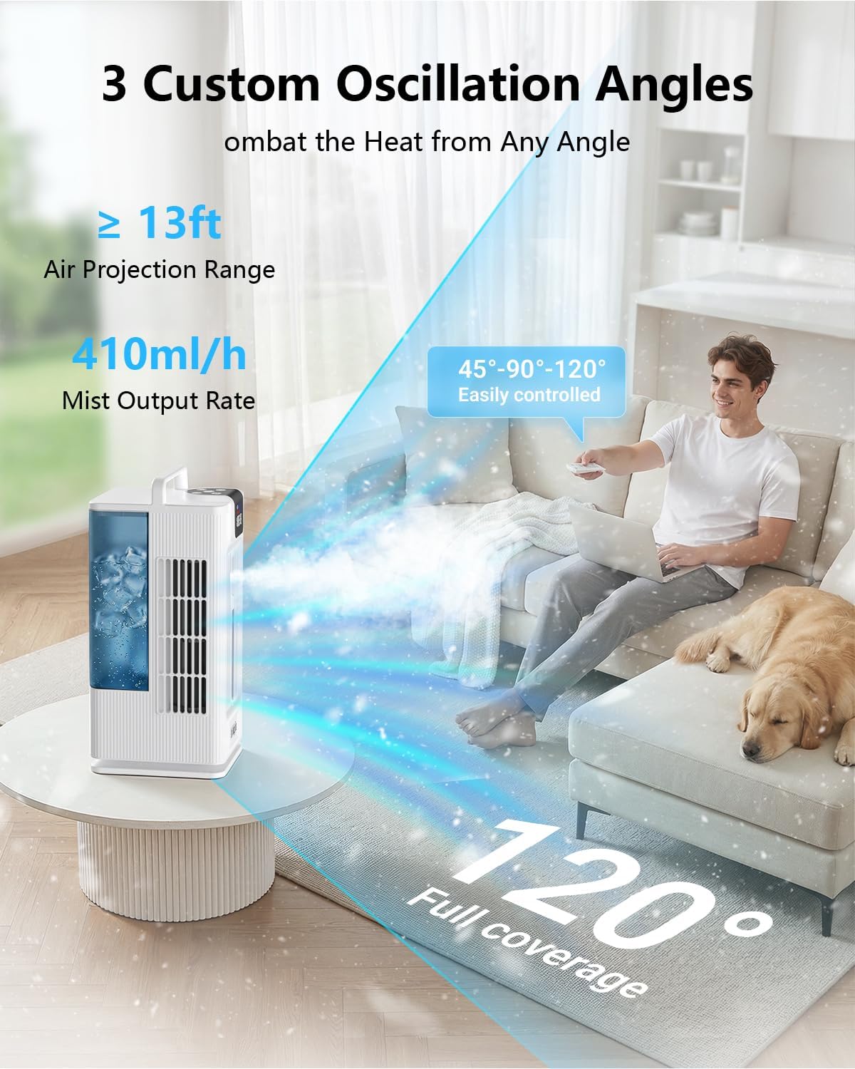  Climatiseur Portable De 2000 Ml, Mini Climatiseur Par évaporation Avec Oscillation De 120°, 7 Modes D'éclairage RVB, 4 Vitesses Et Minuterie De 1 à 8 H Pour Chambre à Coucher Et Bureau