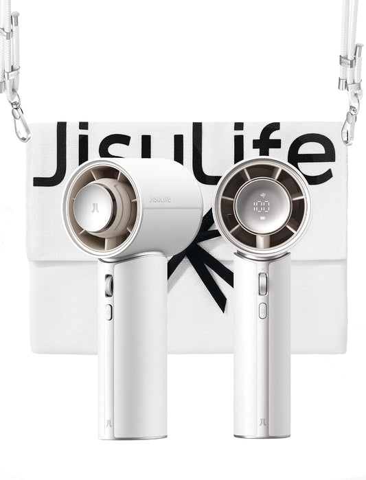 JISULIFE Mini Ventilateur Turbo Portable Avec Cuir Synthétique De Qualité Supérieure - Jusqu'à 30 Heures De Temps De Refroidissement - Vitesse De 1 à 100 - Ventilateur USB Pour Voyage - Blanc