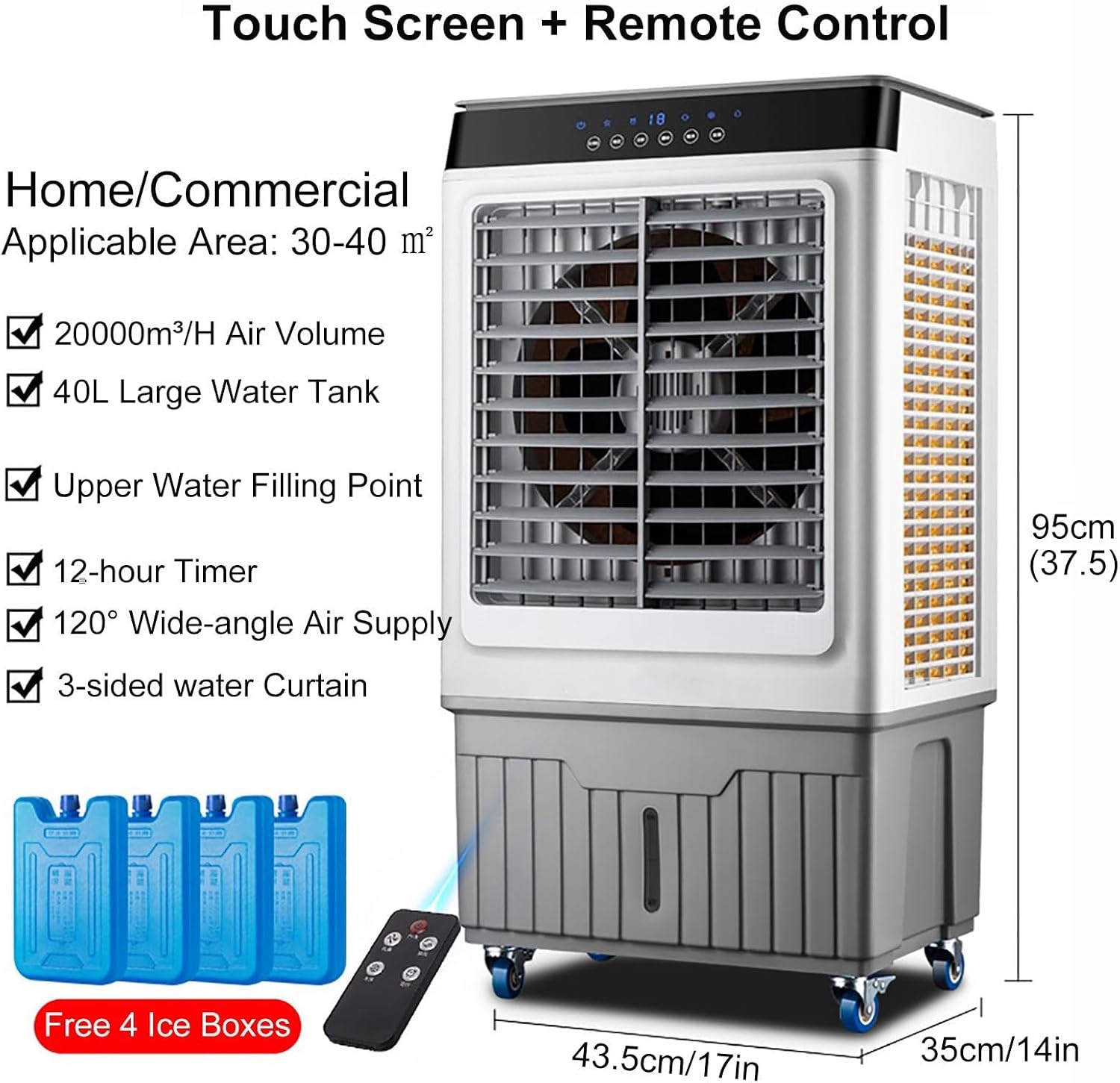  Rafraîchisseur D'Air, Climatiseur Portable, Réservoir D'eau De 60 L, Minuterie De 12 Heures, 3 Vitesses De Ventilation(95cm/37.5in)
