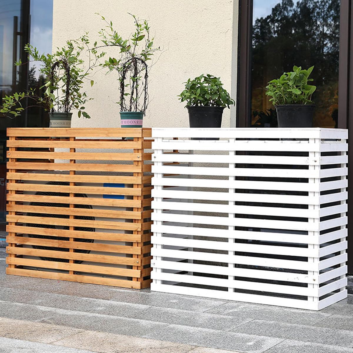  Housse De Climatiseur D'extérieur En Bois Massif Avec Persiennes Pour Unité De Climatisation Et Support De Fleurs Polyvalent, Résistant Aux Intempéries, Taille G - 105 X 45 X 95 Cm