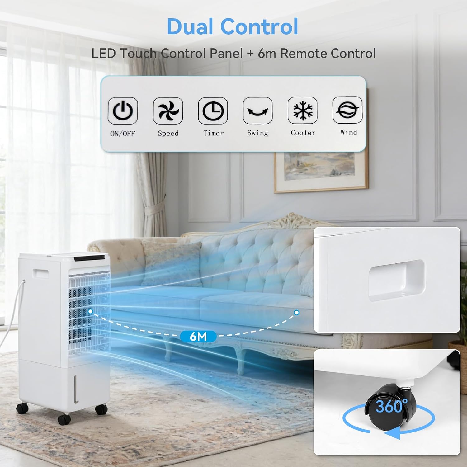 GENERIC Refroidisseur D'air Par évaporation, Refroidisseur Portable De 7 L Avec 3 Vitesses De Ventilateur, 4 Blocs De Glace, Télécommande Et Minuterie De 7,5 H, Affichage LED, Humidification Et Oscillation