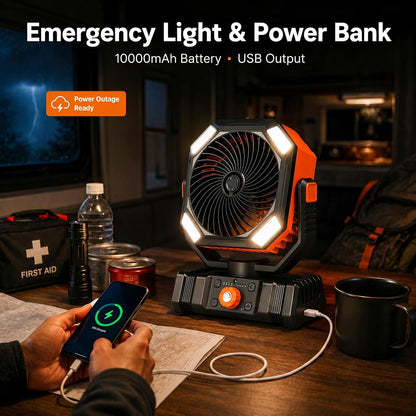  Ventilateur De Camping Rechargeable 10000mAh Avec Lanterne LED, Ventilateur Brumisateur Portable Avec Oscillation Auto Pour Tente, Accessoire Camping Avec Télécommande, ABS, Orange