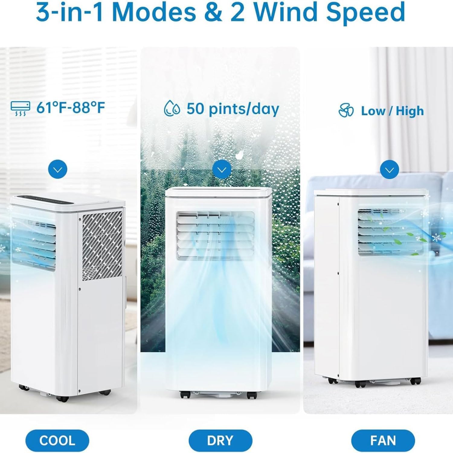  Climatiseur Portable Refroidit 350 Sq.Ft, Unité Intelligente Intelligente Silencieuse Avec Ventilateur Et Déshumidificateur, Télécommande LED 24H, Kit De Fenêtre, Pour Les Dortoirs De Bureau De Chambr