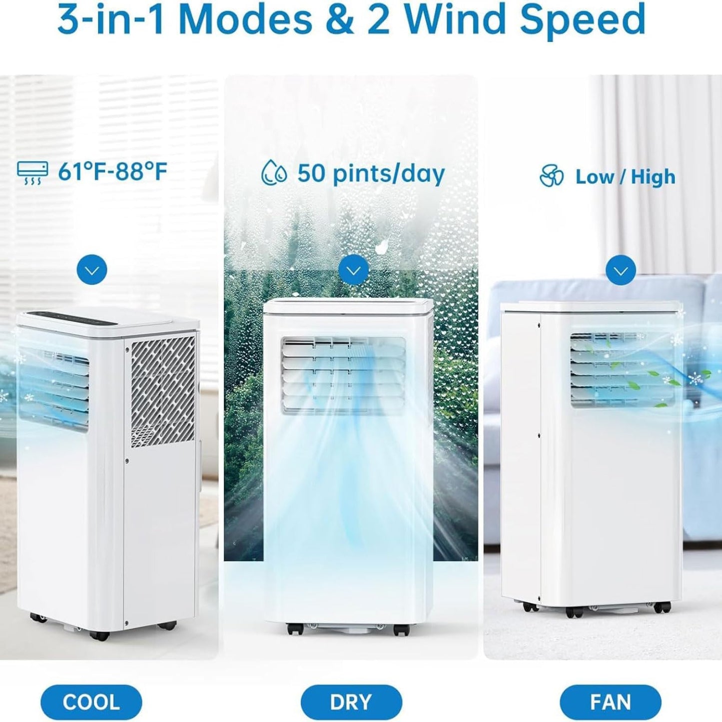  Climatiseur Portable Refroidit 350 Sq.Ft, Unité De Climatisation Portable Intelligente Silencieuse Avec Ventilateur Et Déshumidificateur LED Affichage à Distance 24H Minuterie Kit De Fenêtre Refroidis