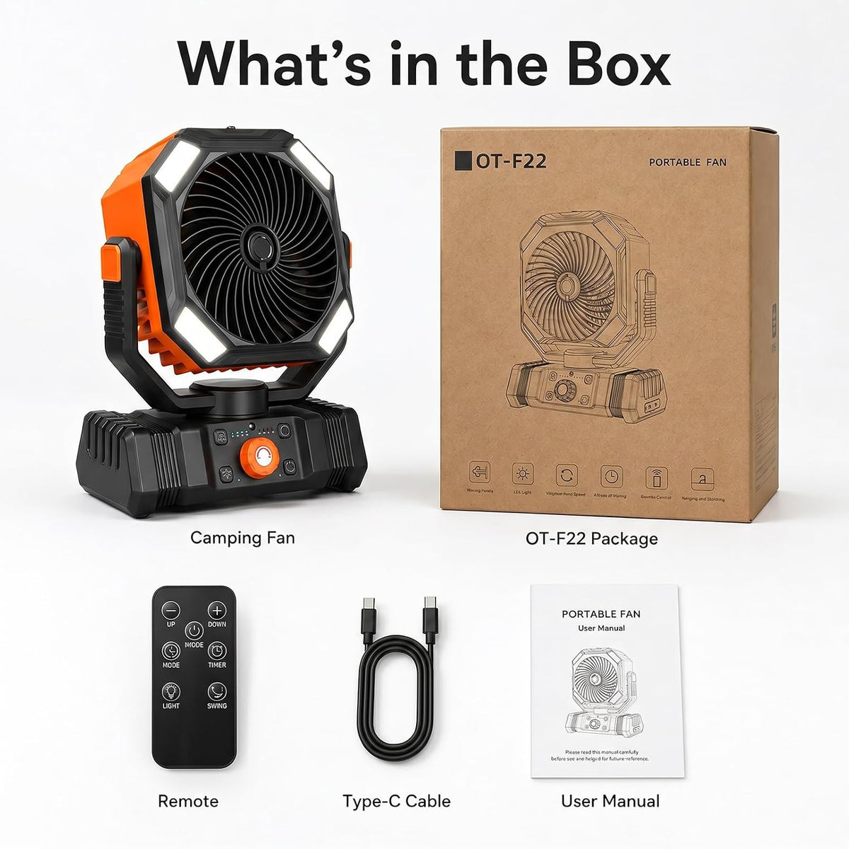  Ventilateur De Camping Rechargeable 10000mAh Avec Lanterne LED, Ventilateur Brumisateur Portable Avec Oscillation Auto Pour Tente, Accessoire Camping Avec Télécommande, ABS, Orange