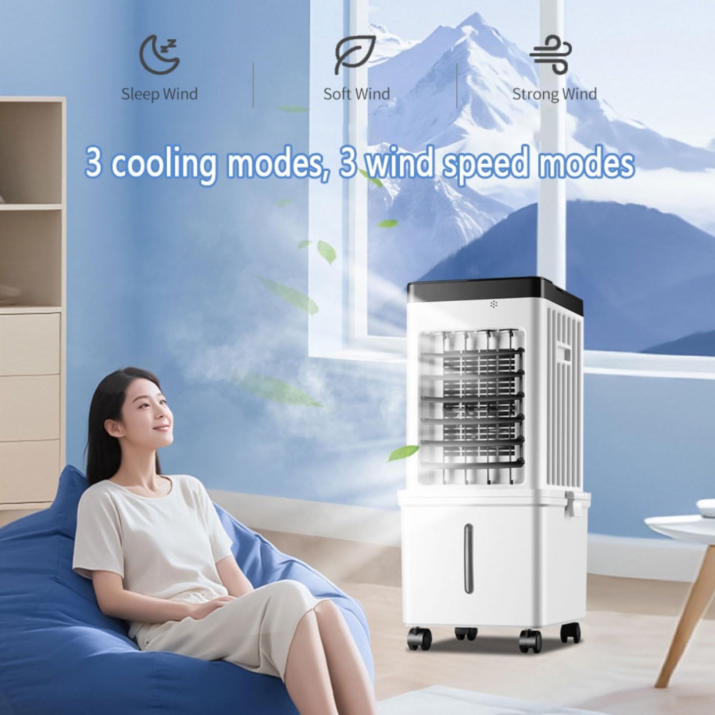 GENERIC Refroidisseur évaporatif Mobile 75W, Réservoir 15L, Oscillation 90°, Télécommande, 3 Modes, économie De Calme Et D'énergie Pour Les Chambres Et Le Bureau