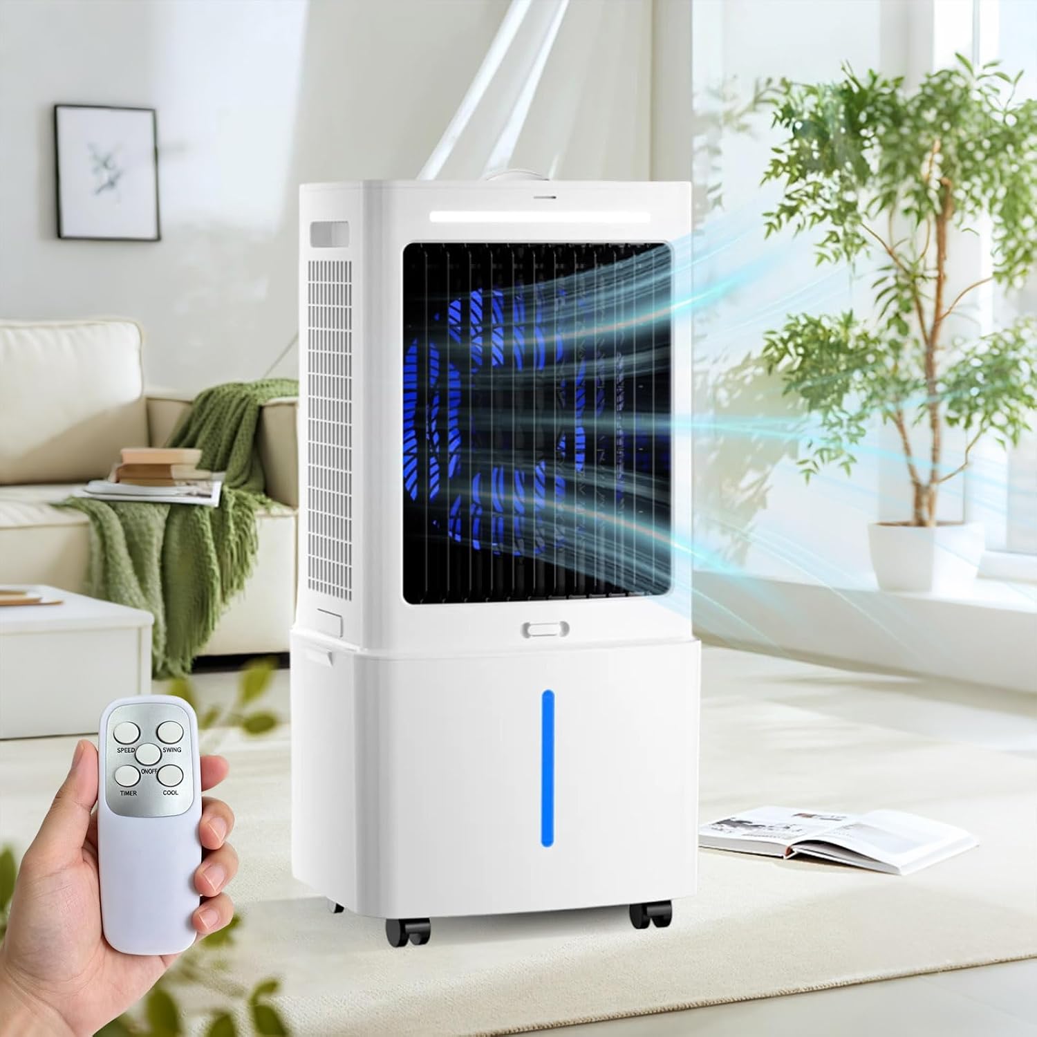 GENERIC Rafraîchisseur D'Air Autonome 4-en-1, Ventilateur Humidificateur Avec Grand Bac 25L Amovible, Circulation D'Air 800 M³/h, Oscillation 90°, Machine Sans Tuyau Avec Télécommande, Blanc