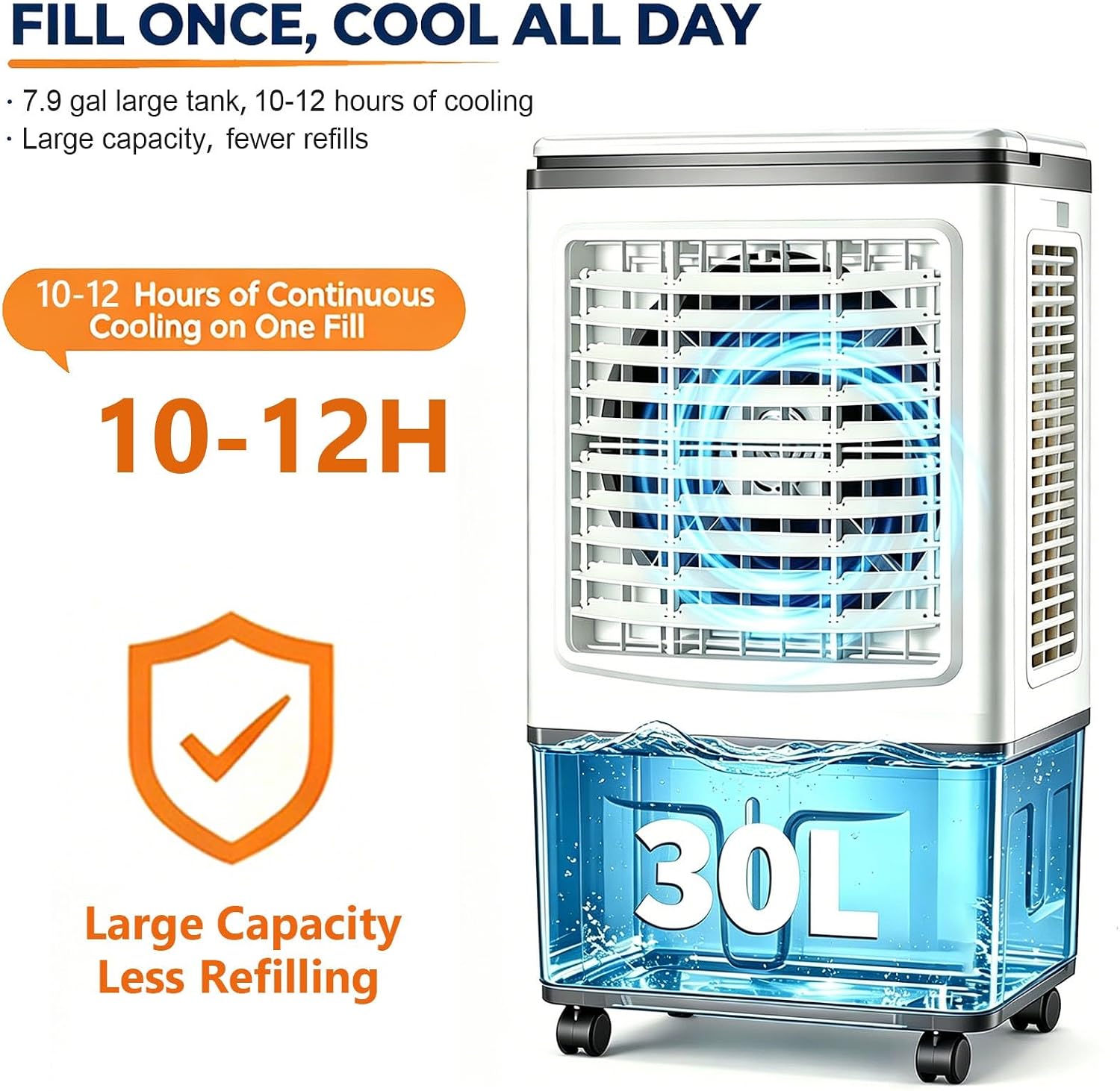 GENERIC Ventilateur Refroidisseur D'air Par évaporation Portable, Réservoir D'eau 30 L, Rideau Triple Face 1758 CFM, Oscillation 120°, 3 Vitesses, Sans Tuyau, 100 W, For Maison, Bureau, Terrasse