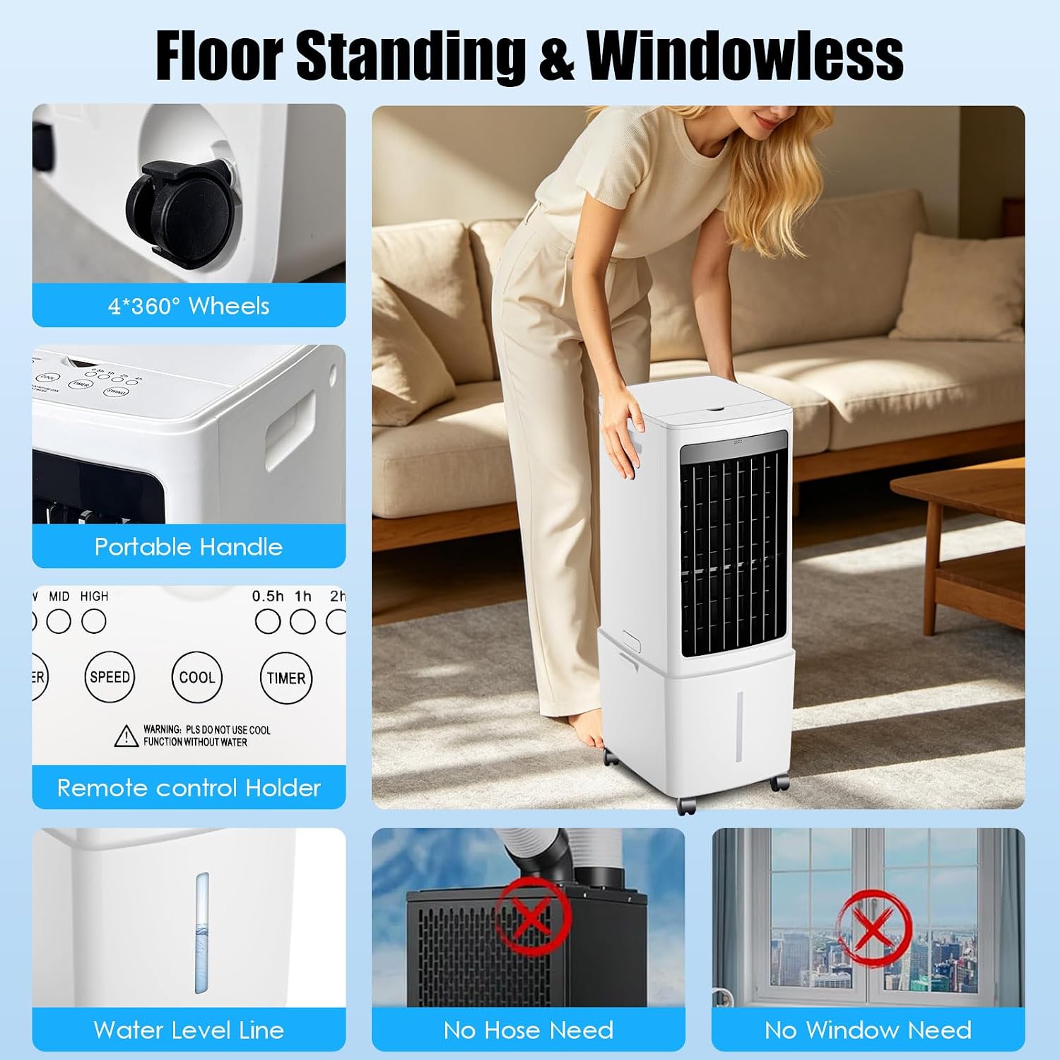  12L Rafraîchisseur D'Air, 3 Vitesses, Climatiseur Mobile Avec Télécommande, Minuterie 1-12h, Oscillation 60°, Silencieux Climatiseur Portable Avec Réservoir Amovible Pour Camping Chambre Cuisine