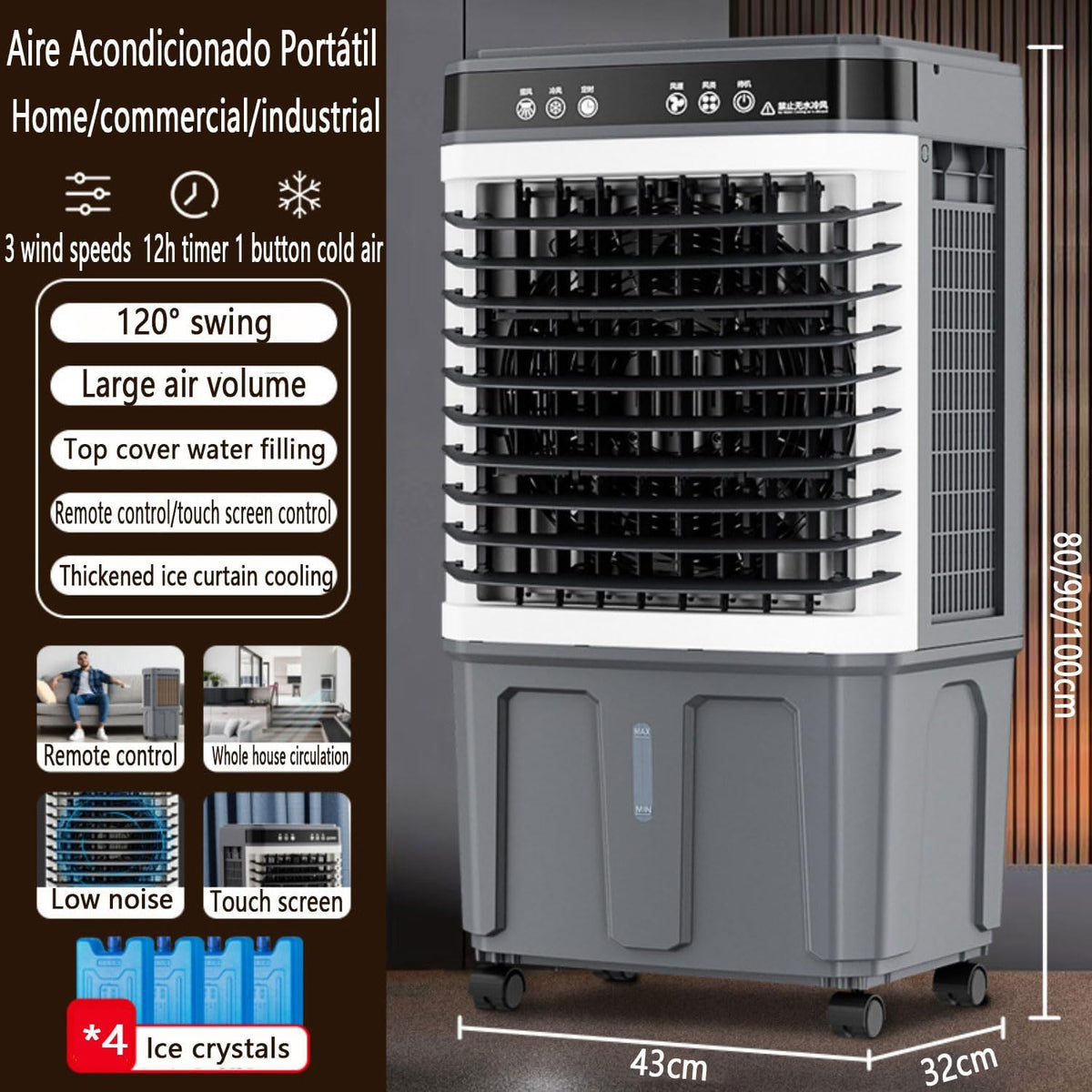 GENERIC Refroidisseur évaporatif Portable Avec Grand Réservoir, Oscillation De 120°, Fonctionnement Silencieux à Partir De 30dB, économie D'énergie Pour La Terrasse Et Le Bureau, Aucun Tuyau Nécessaire