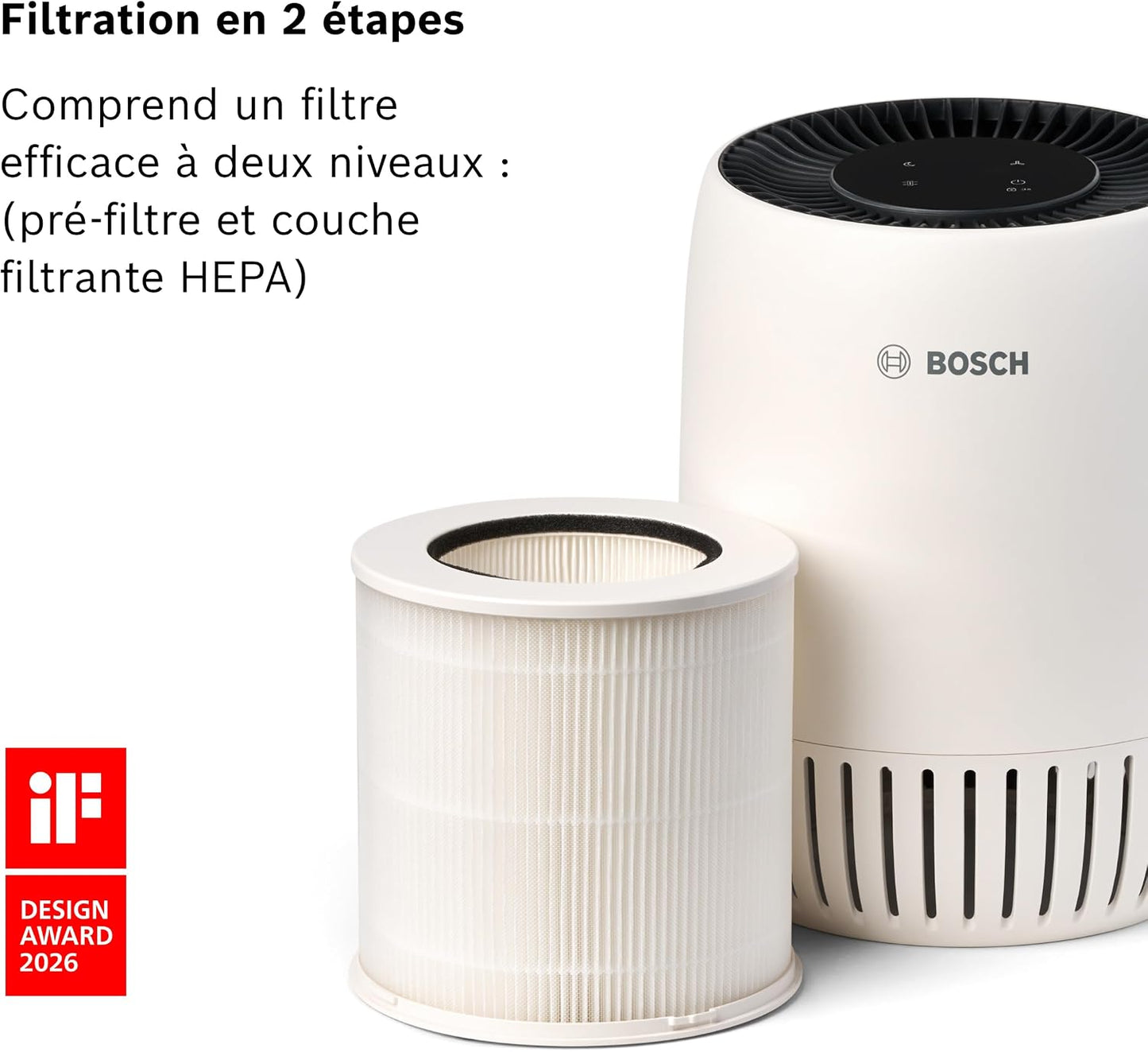  Bosch Air 500 Purificateur D'air - Élimine Les Polluants, Avec Un Filtre à Air Et Un Mode Sommeil (< 25 DB(A)) - Pour Jusqu'à 23 M² - Avec Port De Charge USB-C - CADR : 100 M³/h