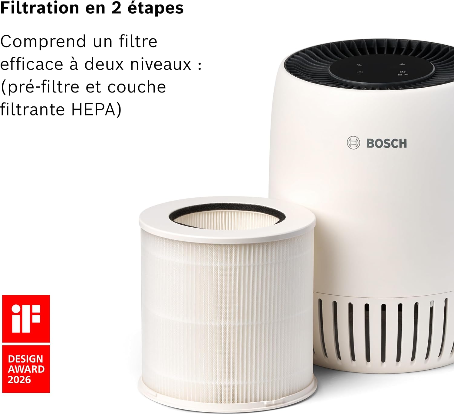  Bosch Air 500 Purificateur D'air - Élimine Les Polluants, Avec Un Filtre à Air Et Un Mode Sommeil (< 25 DB(A)) - Pour Jusqu'à 23 M² - Avec Port De Charge USB-C - CADR : 100 M³/h