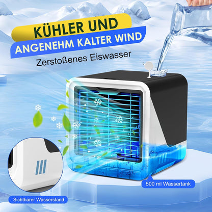  Climatiseur Mobile 3 En 1, USB Rafraîchisseur D’Air Sans Évacuation, 500ML, 3 Vitesses, Lumière LED 7 Couleurs, Ventilateur Silencieux Par Eau Pour Chambre Et Bureau
