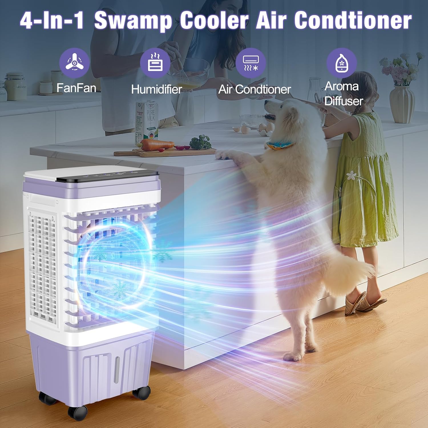  Swamp Cooler, Climatiseur Portable 2 500 CFM, Refroidisseur D'air évaporatif Avec Réservoir D'eau De 6,87 Gallons, 3 Vitesses Et 4 Modes, Oscillation à 120°, Refroidisseur D'air Avec Minuterie De