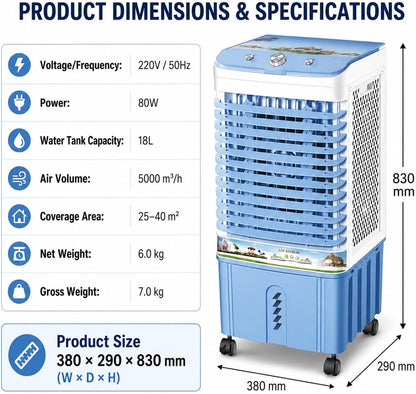  Rafraîchisseur D’Air Évaporatif Avec Grand Réservoir D’Eau, Refroidisseur D'air Mobile Avec Roulettes, Panneau De Contrôle Simple, Pour Maison Chambre Salon Bureau Blue B
