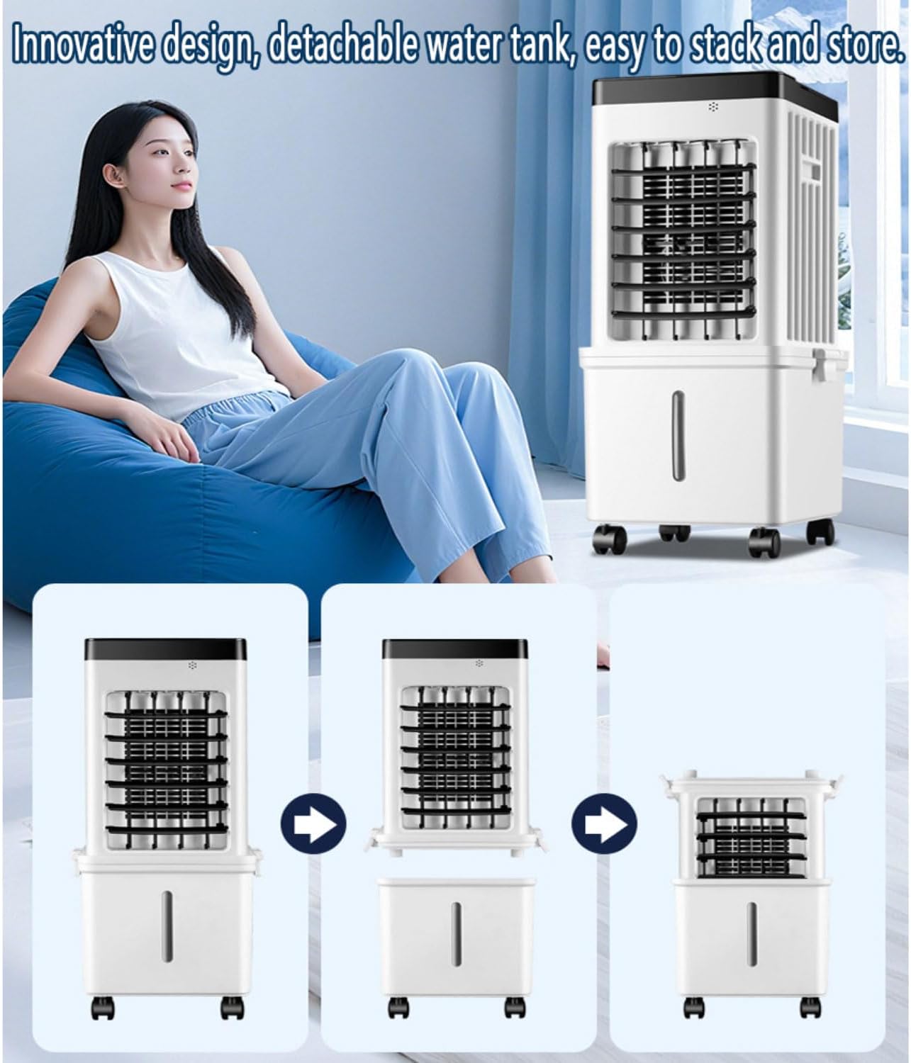 GENERIC Refroidisseur évaporatif Mobile 75W, Réservoir 15L, Oscillation 90°, Télécommande, 3 Modes, économie De Calme Et D'énergie Pour Les Chambres Et Le Bureau