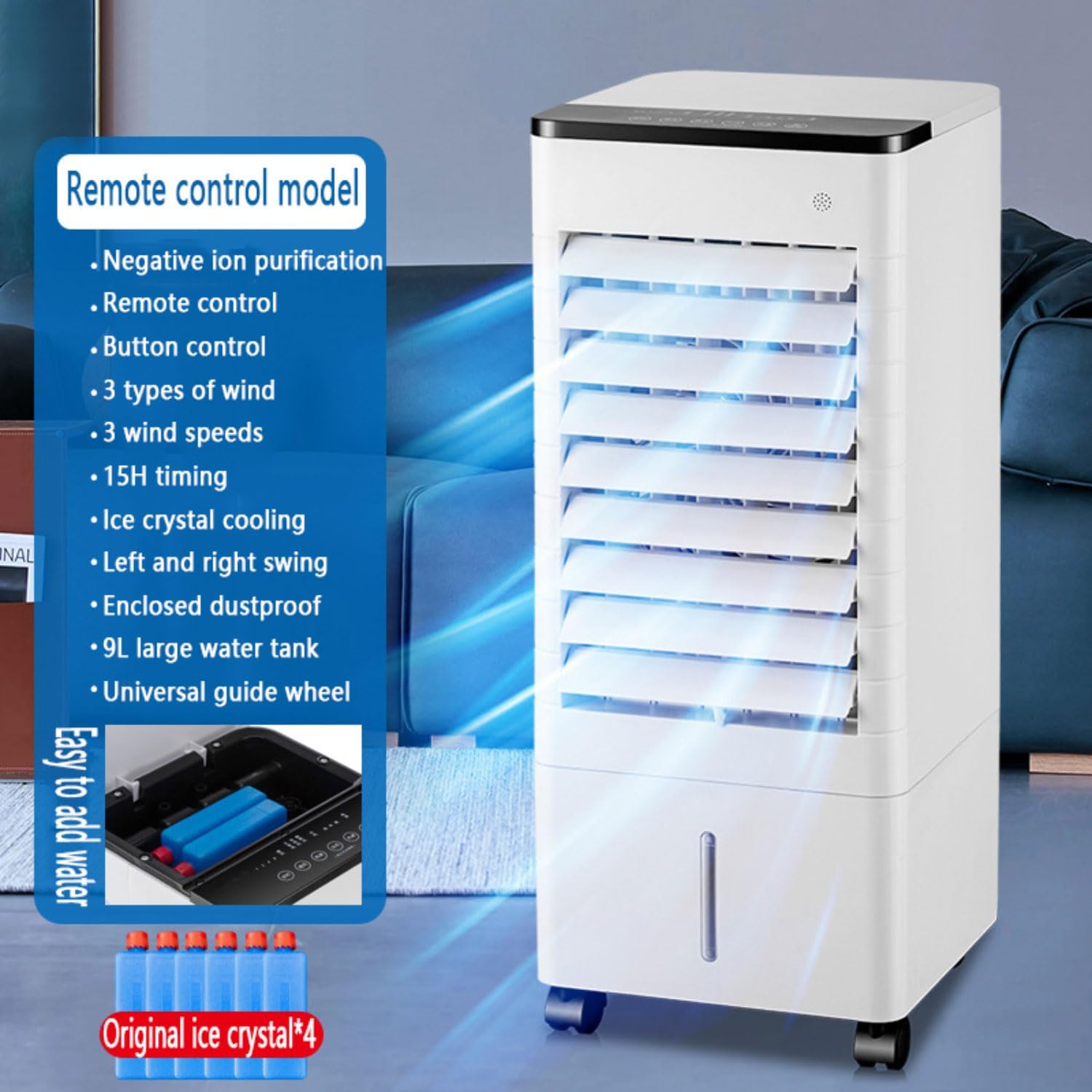 GENERIC Refroidisseur D'air Par évaporation, Climatiseur Portable à Oscillation à 90° Avec 3 Vitesses, 3 Modes, Minuterie 15 H, Réservoir D'eau 9 L, Télécommande, Ventilateur De Refroidissement Port