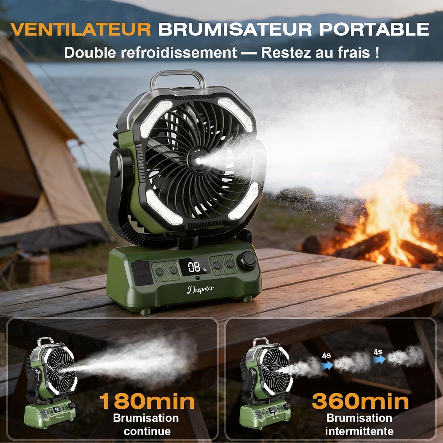  Ventilateur Camping Silencieux Avec Lumière, Ventilateur Sans Fil Portable, Mist Fan Batterie Rechargeable 20000mAh Avec Rotation Et Minuterie, Crochet De Suspension Pour Car Extérieur Bureau - Vert