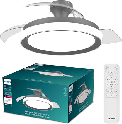  PHILIPS Solr Ventilateur à Pales Rétractables Avec LED, 3 Pales, Envergure 106 Cm, 4500 Lumens, 3 Nuances De Lumière Blanche (2700 K/4000 K/5500 K), Gradation Jusqu'à 10%, Avec Télécommande, Blanc