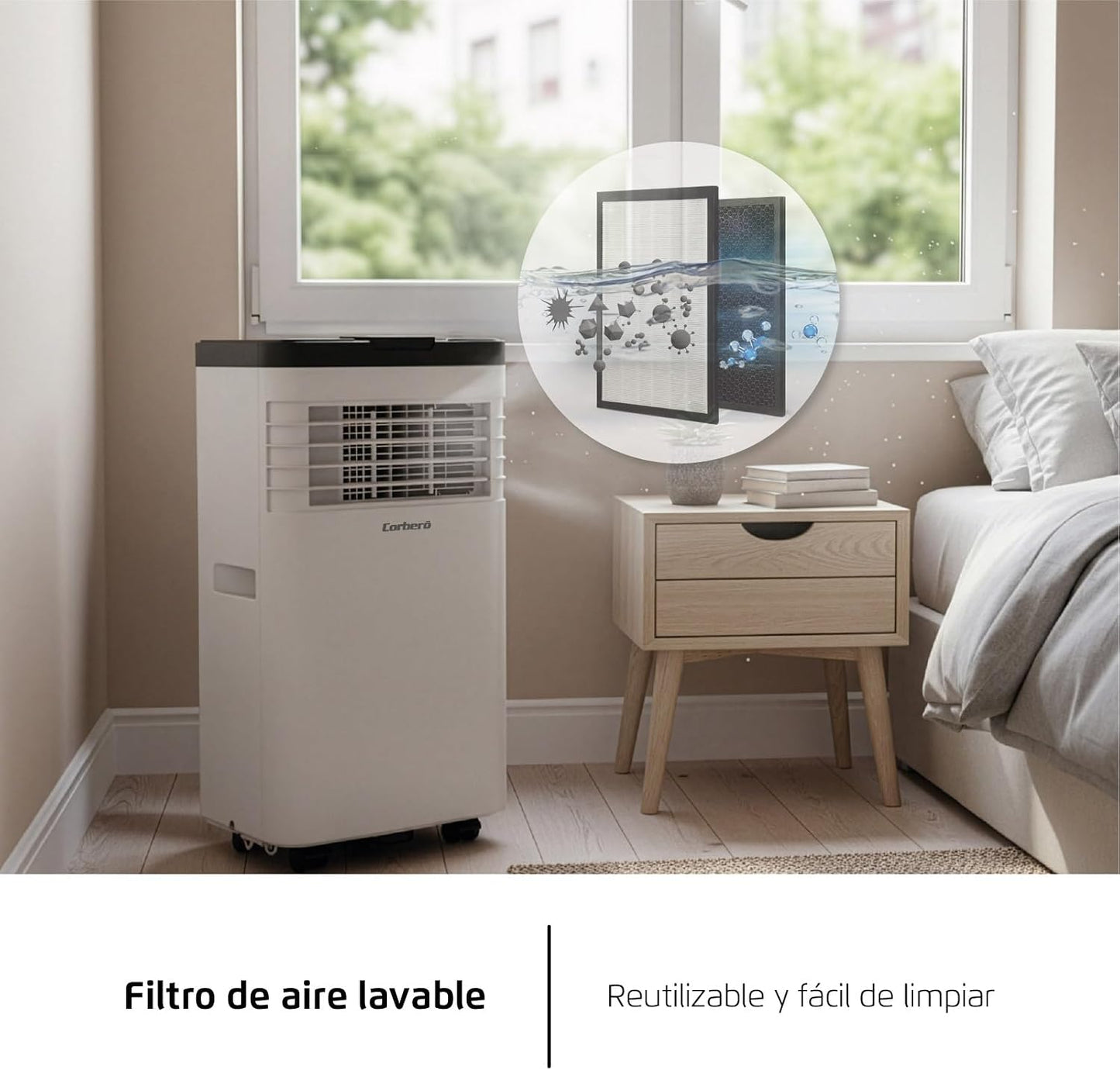  Corberó CPC07 Climatiseur 3 En 1 Avec Télécommande, 2000 W, 10-16 M², 16-31 °C, Refroidissement, Chauffage, Déshumidification, 2 Vitesses, Minuterie 24 Heures