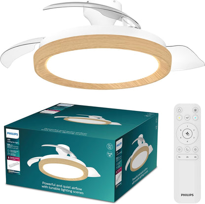  PHILIPS Solr Ventilateur à Pales Rétractables Avec LED, 3 Pales, Envergure 106 Cm, 4500 Lumens, 3 Nuances De Lumière Blanche (2700 K/4000 K/5500 K), Gradation Jusqu'à 10%, Avec Télécommande, Blanc