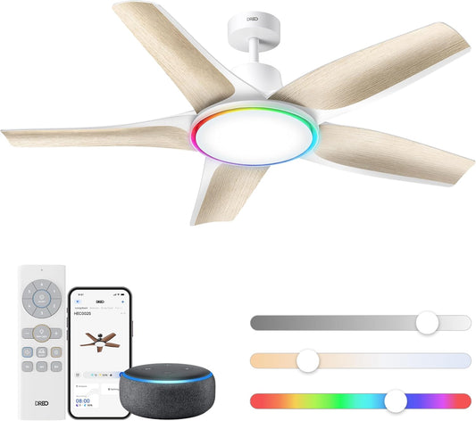  DREO Ventilateur De Plafond Intelligent à Profil Bas Avec Lumière 132 Cm, LED Dimmable à Température De Couleur Réglable, éclairage D’ambiance RGB, Moteur CC Silencieux, Installation Facile, Blanc，APP