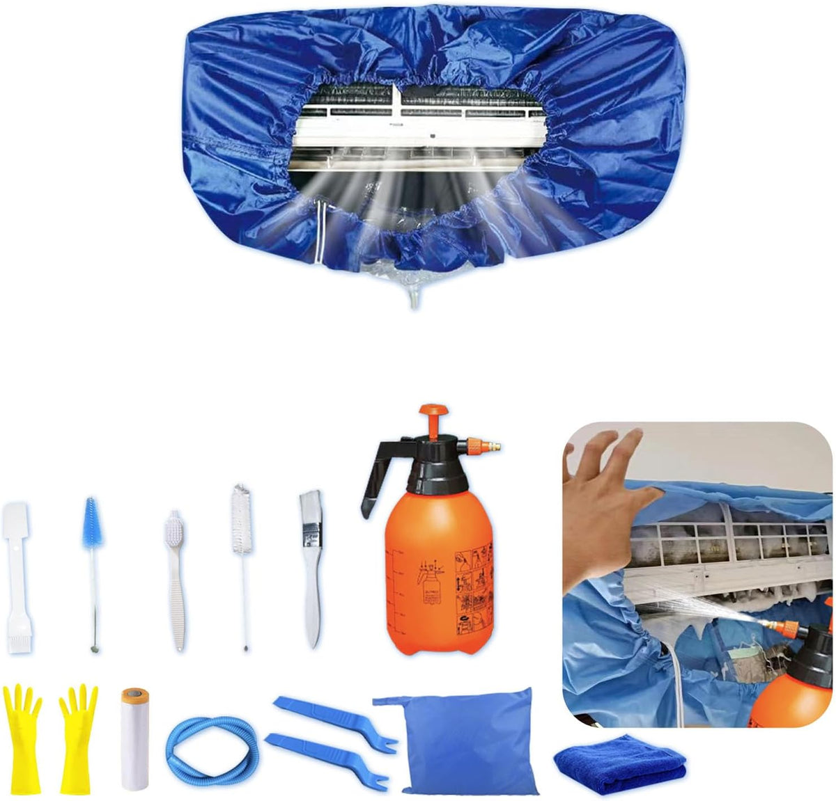  Kit Nettoyage Climatiseur Mural，Kit Nettoyage Climatisation Split，Nettoyage Climatisation Split，Bâche Nettoyage Clim(15 Pièces, Bleu Roi, Taille Moyenne : 68-98 Cm/27,55-39,37 Pouces)