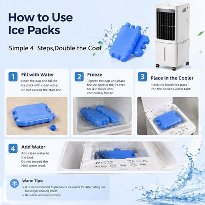 Refroidisseur D'air évaporatif Portable 12 L Avec Ventilateur, Réservoir D'eau Amovible, Télécommande, Roulettes Et Filtre à Poussière Lavable.