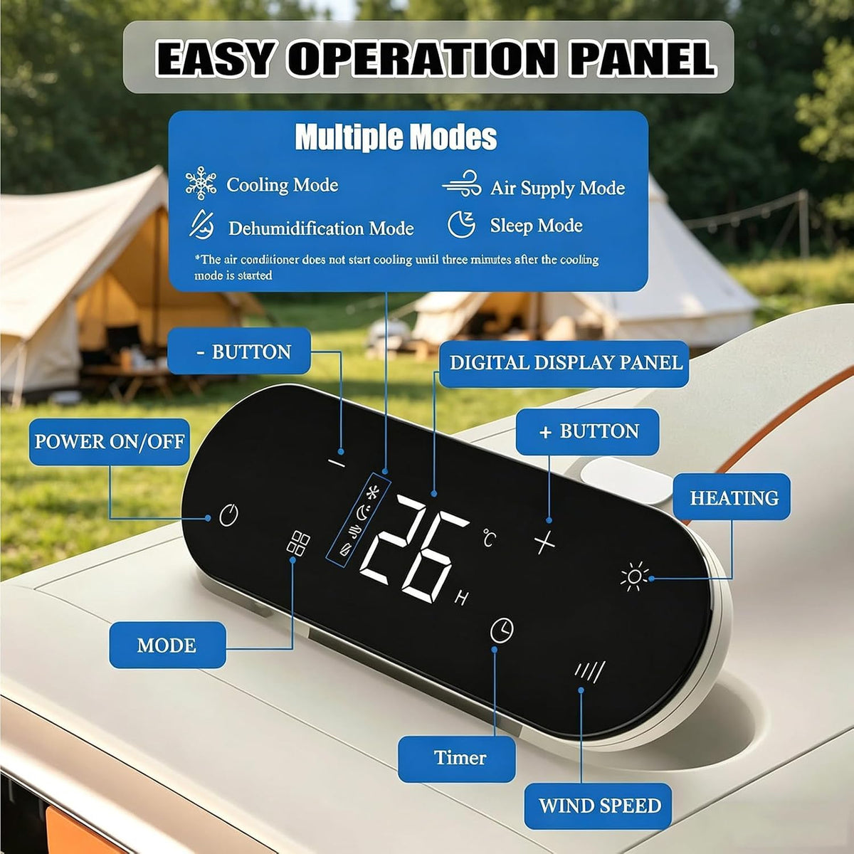  Climatisation Portable Pour Camping-Car, Refroidissements En 3 Min, Pas De Fenêtre Requise, Calme Sous 42dB, Avec Télécommande & Toucher, Pour Tente Et Camping, 420W, Compact Et évaporation De L'eau