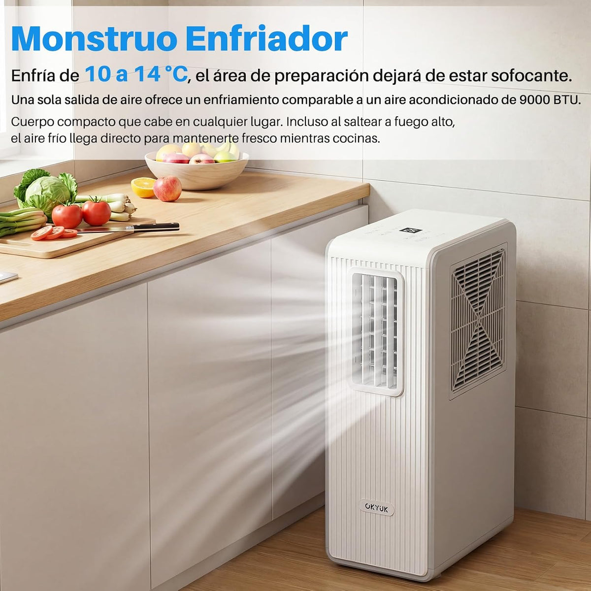  OKYUK Climatiseur Mobile, 200 W à économie D'énergie, Réfrigérant écologique R290, 3 En 1 : Climatiseur, Déshumidificateur, Ventilateur, Ventilation, Avec Tuyau D'évacuation. (Blanc)
